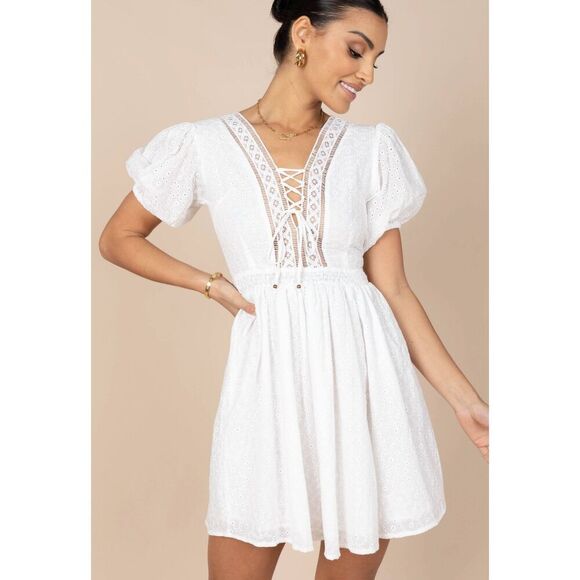 Petal & Pup Mayde Tie Up Front Mini Dress White Size Small Nwot - Picture 1 of 8